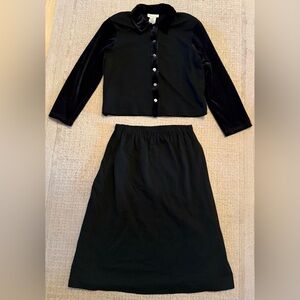 Talbots 2 Pc Black Skirt Set Velvet Trim Button Top Midi Skirt Large L